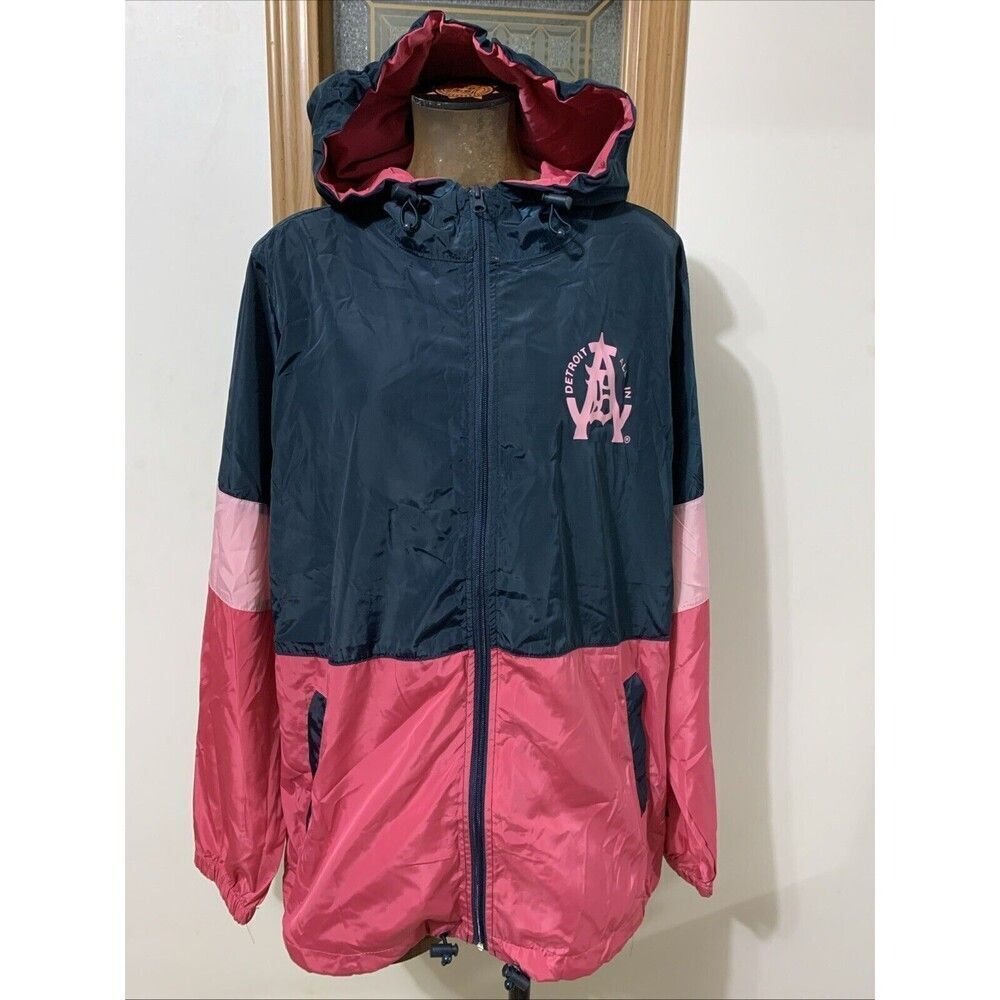 Detroit Hooded Rain Jacket Women’s Large Pink Navy Blue Full Zip